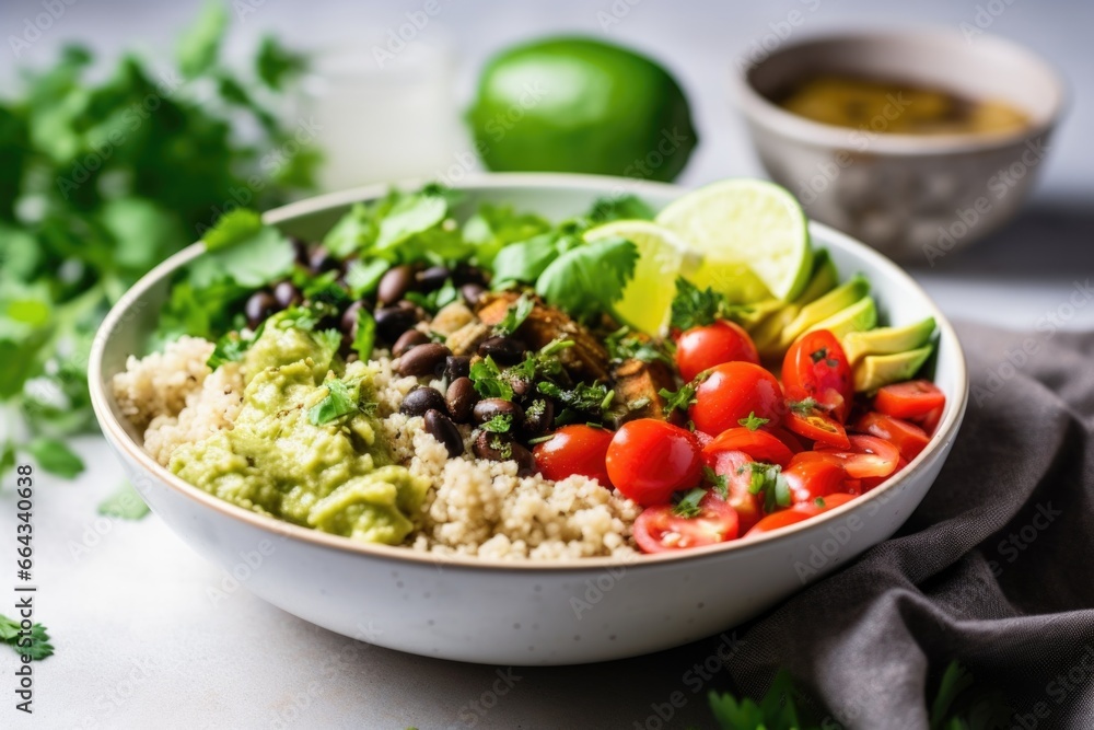 simple burrito bowl with couscous and fresh green herbs simple burrito bowl with couscous and fresh green herbs