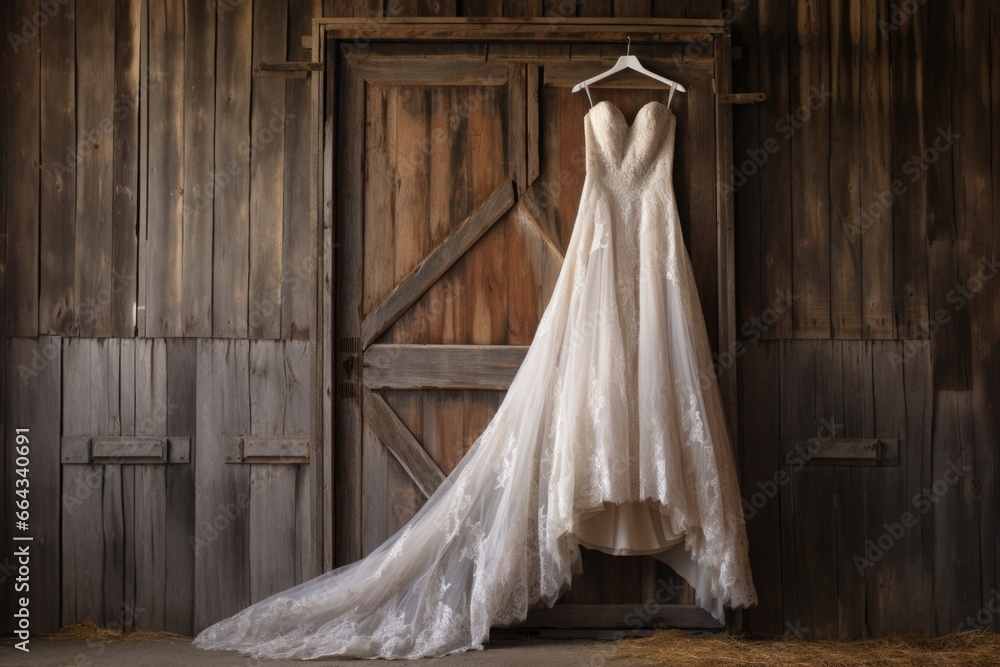 gown hanging against a rustic wooden barn wall gown hanging against a rustic wooden barn wall