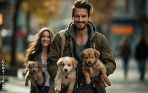 Dog walker with group of puppy cute dogs enjoying in walk in the city ,artwork graphic design illustration.