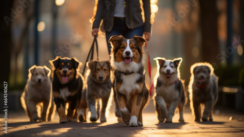 Dog walker with group of puppy cute dogs enjoying in walk in the city ,artwork graphic design illustration. photo