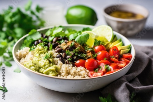 simple burrito bowl with couscous and fresh green herbs
