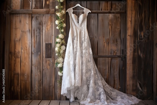 a lace wedding gown hanging against a rustic wooden wall © Alfazet Chronicles