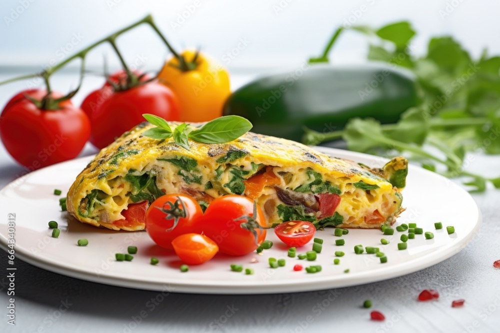 colourful veggie omelette with cherry tomatoes on top colourful veggie omelette with cherry tomatoes on top