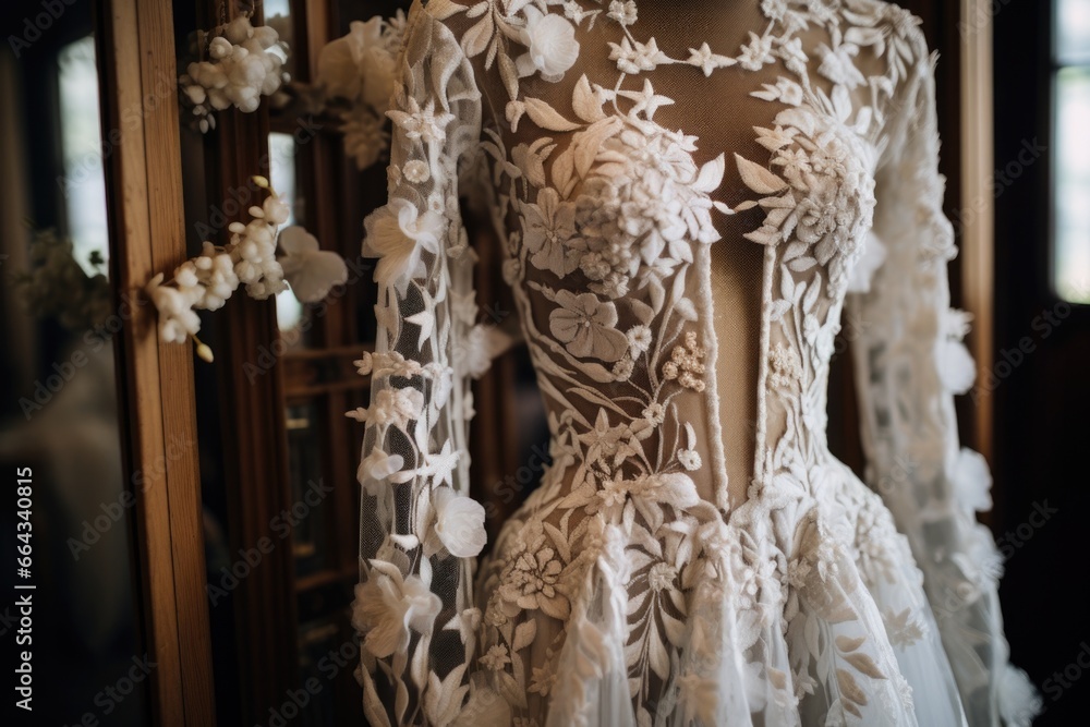 close-up of intricate details on a hanging wedding dress close-up of intricate details on a hanging wedding dress