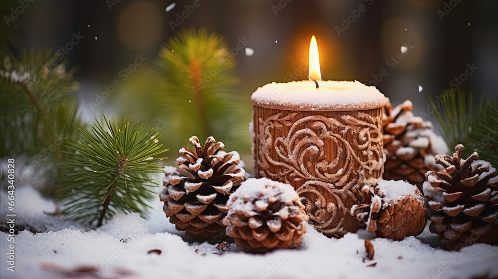 Embracing Christmas Theme background , candle with natural Xmas decoration, branches and pine cones on rustic wood.