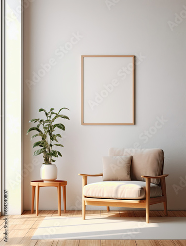 simple empty blank mock up poster frame with copy space , Wooden cabinet, dresser against concrete wall Scandinavian home interior design of modern living room , minimal, clean, bright. photo