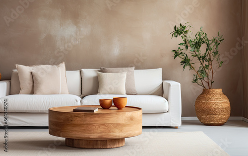 Round accent coffee table near white sofa against stucco wall. Scandinavian home interior design of modern living room in farmhouse,  mockup living room. © HappyTime 17