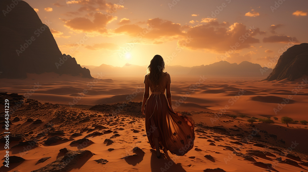 A woman in dress walks in the desert amidst a strong wind and sunset