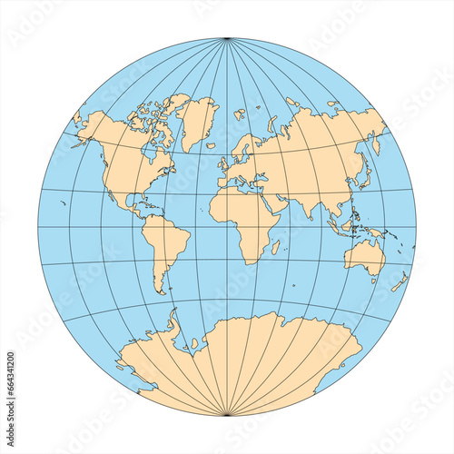 Simplified Map of World in the circle focused on Europe and Africa. Latitude and longitude grid. Van der Grinten projection. Vector illustration
