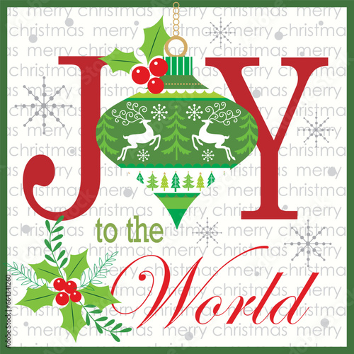 merry christmas card with bauble, berry and joy to the world text