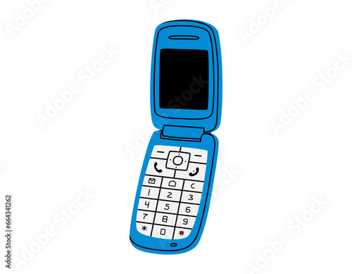 Hand drawn cute cartoon illustration of retro cell flip mobile phone. Flat vector old mobile telephone with buttons sticker in colored doodle style. Call device icon or print. Isolated on background.