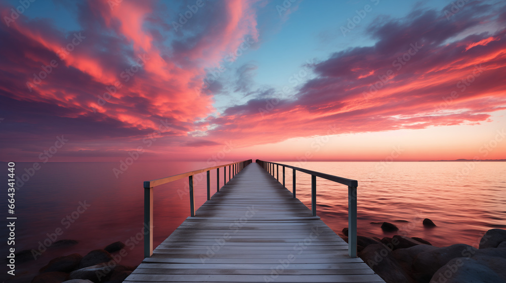 Obraz premium Minimalism sunset with jetty in the beach AI Generated