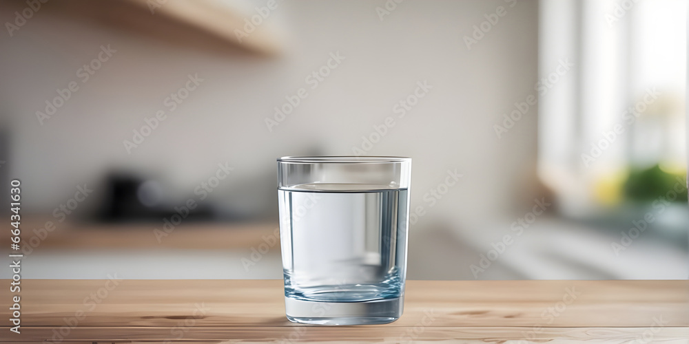 Wooden tabletop counter with A glass of pure water. in front of bright out of focus kitchen. copy space. Wooden tabletop counter with A glass of pure water. in front of bright out of focus kitchen. copy space.
