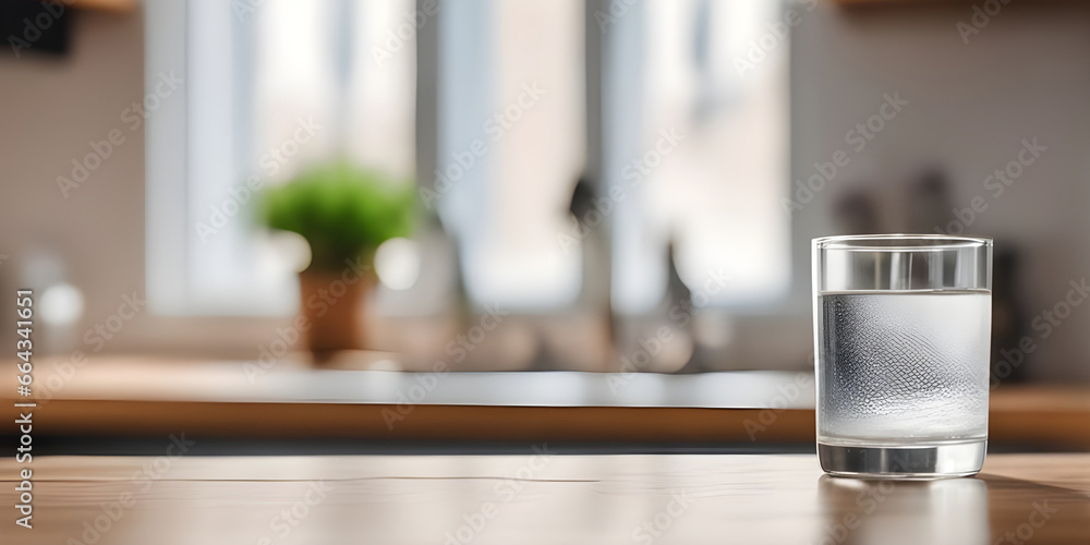 Wooden tabletop counter with A glass of pure water. in front of bright out of focus kitchen. copy space. Wooden tabletop counter with A glass of pure water. in front of bright out of focus kitchen. copy space.