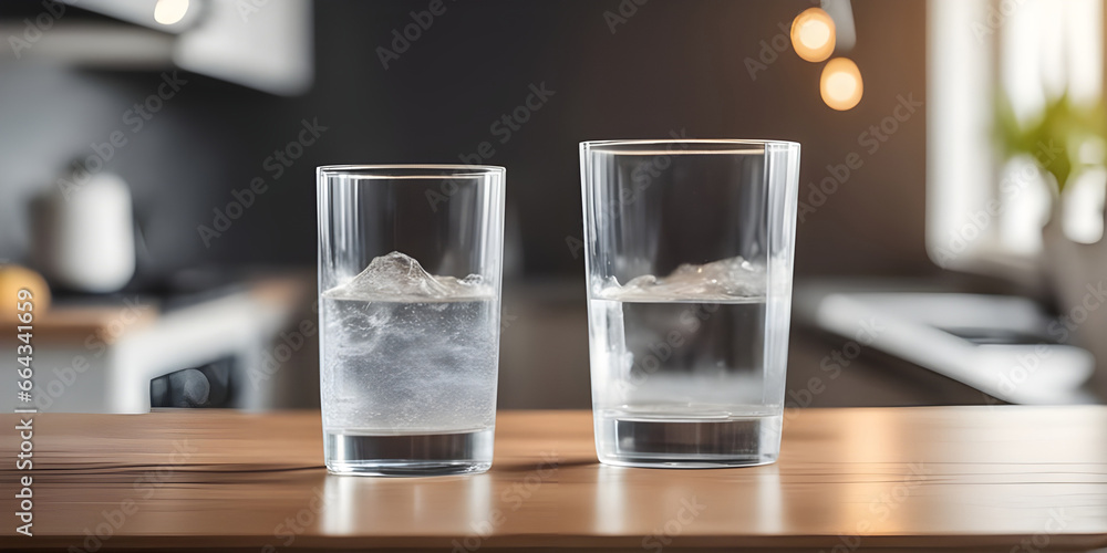 Wooden tabletop counter with A glass of pure water. in front of bright out of focus kitchen. copy space. Wooden tabletop counter with A glass of pure water. in front of bright out of focus kitchen. copy space.