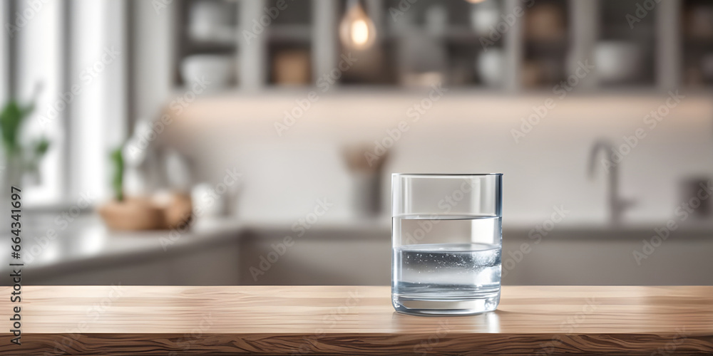Wooden tabletop counter with A glass of pure water. in front of bright out of focus kitchen. copy space. - obrazy, fototapety, plakaty 