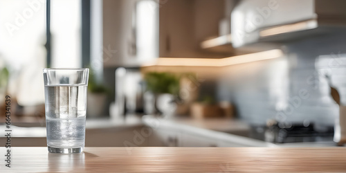 Wooden tabletop counter with A glass of pure water. in front of bright out of focus kitchen. copy space.