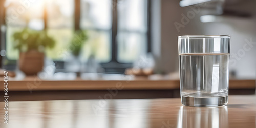 Wooden tabletop counter with A glass of pure water. in front of bright out of focus kitchen. copy space.