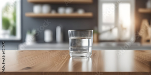 Wooden tabletop counter with A glass of pure water. in front of bright out of focus kitchen. copy space.