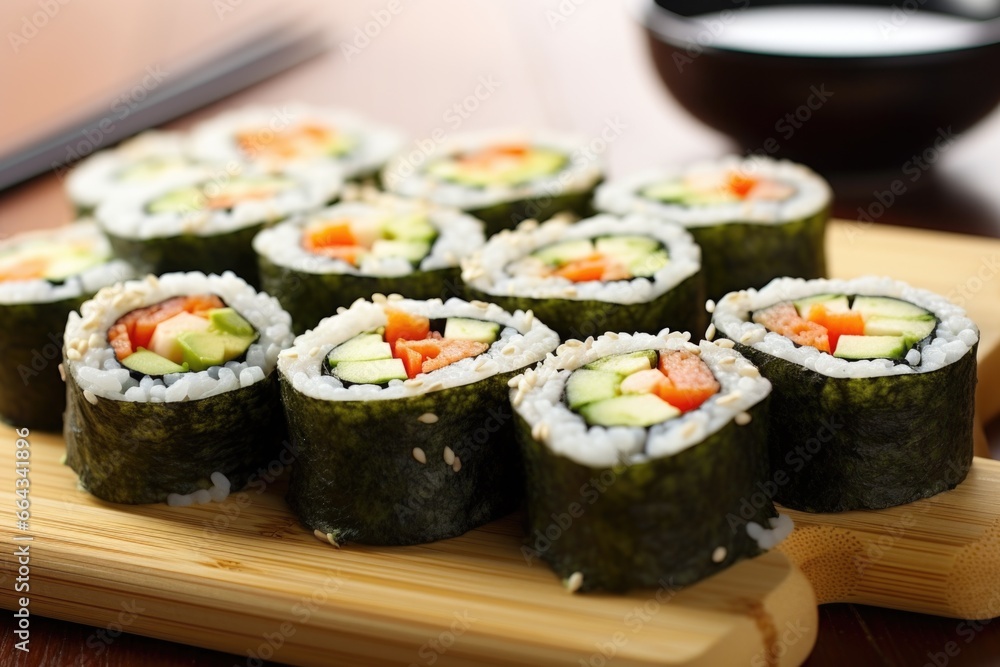 maki sushi rolls with bamboo mat in the background maki sushi rolls with bamboo mat in the background