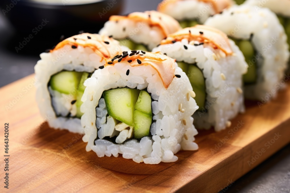 close-up of sushi rolls featuring shrimp and cucumber close-up of sushi rolls featuring shrimp and cucumber