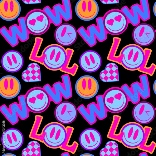  trendy retro patter with bright funny faces and inscription, vector illustration y2k
