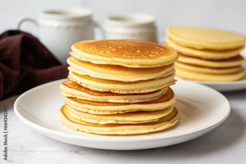 stacks of plain pancakes on a plain white plate stacks of plain pancakes on a plain white plate