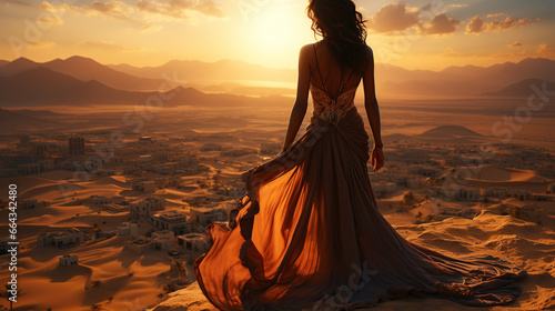 Arab woman wearing dress The abaya watches the sunset in the desert with the silhouette of Dubai