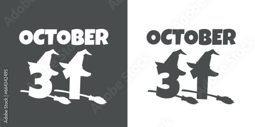 Logo october 31. Silueta de número 31 con sombrero de bruja volando en escoba y letras palabra october para su uso en invitaciones y tarjetas de Halloween