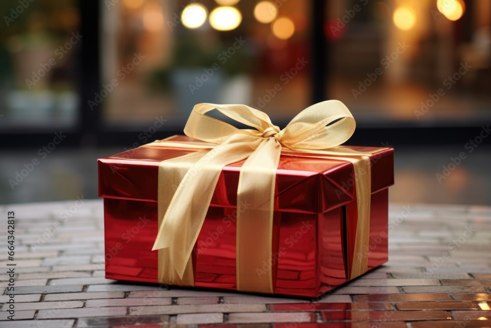 a ribbon-wrapped gift box left on the doorstep - obrazy, fototapety, plakaty 