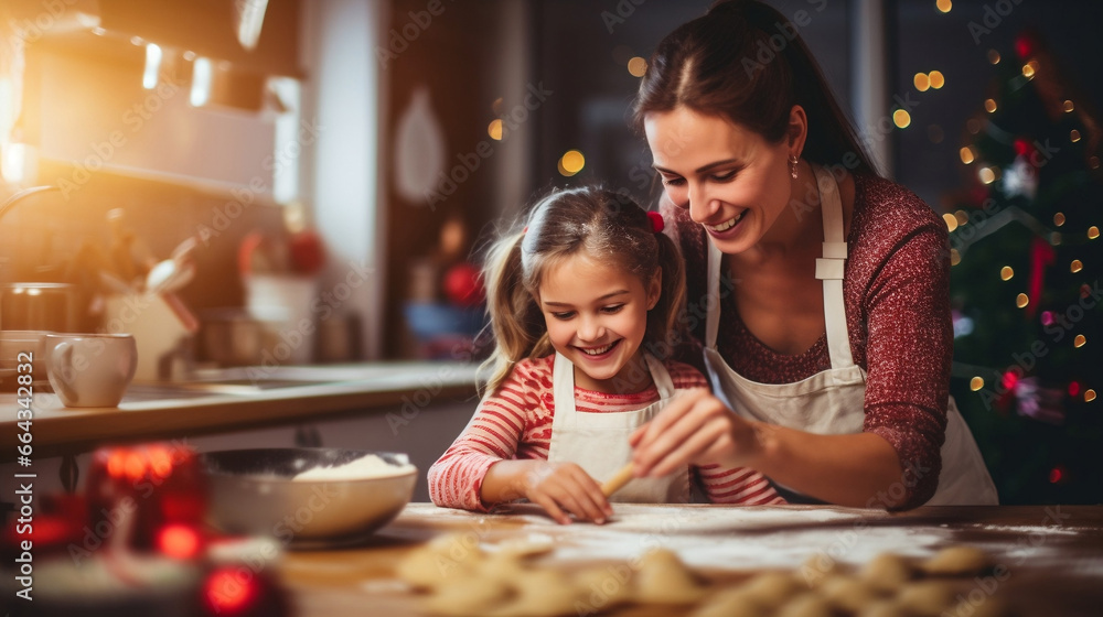 Caring mother and small daughter cooking Christmas cookies together in kitchen, mom teaches cute kid girl, preparing surprise for family. Communication concept. Merry Christmas. Generative AI.