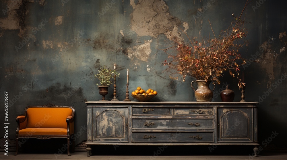 A vintage classic dresser from ancient times finds its place near a dilapidated wall, creating a retro grunge ambiance in the aged living room's interior design - obrazy, fototapety, plakaty 
