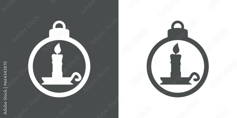 Tiempo de Navidad. Logo con silueta de bola de navidad con vela de cera encendida en candelero para su uso en invitaciones y felicitaciones - obrazy, fototapety, plakaty 