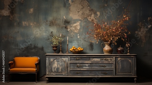 A vintage classic dresser from ancient times finds its place near a dilapidated wall, creating a retro grunge ambiance in the aged living room's interior design photo