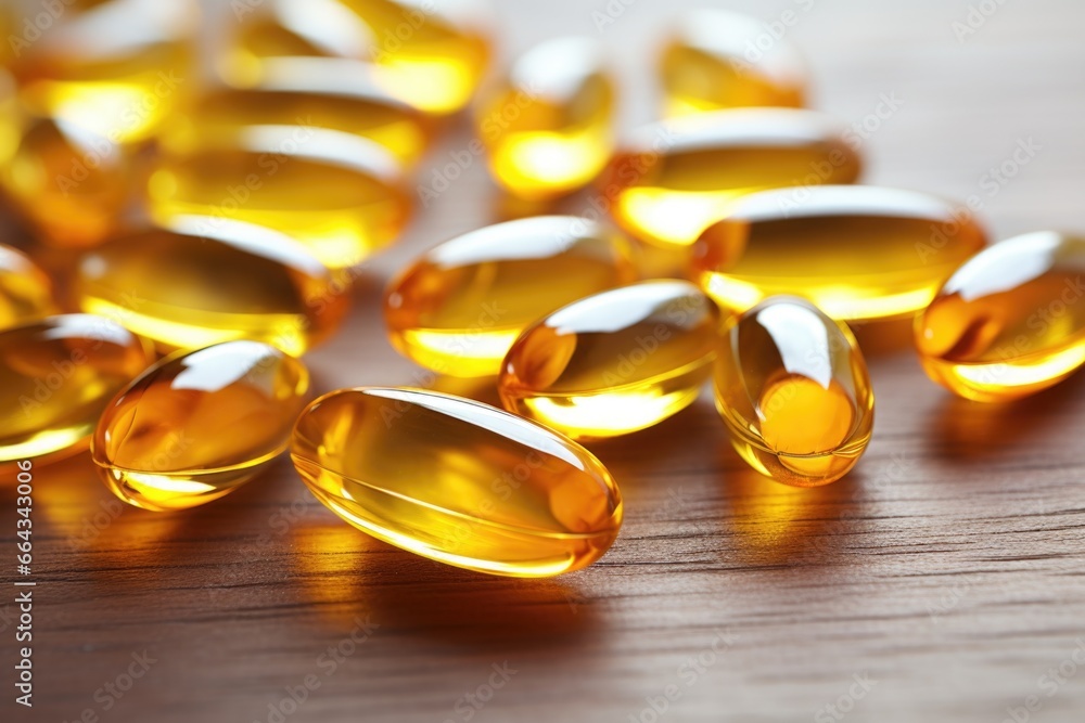 fish oil capsules spread on a plain surface fish oil capsules spread on a plain surface