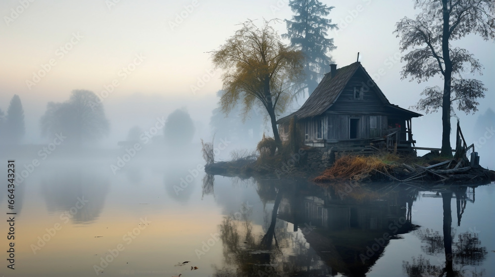 Fototapeta premium Rustic Wooden House & Calm Waters Amid Mist - A Tranquil Scene Showcasing Nature's Silent Beauty.