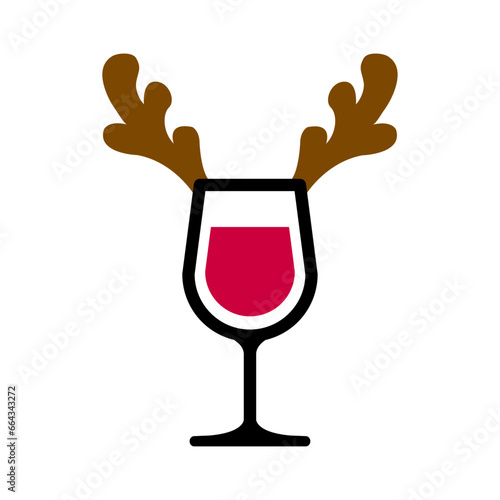 Tiempo de Navidad. Logo aislado con silueta de astas de reno Rudolph en copa de vino o champaña para su uso en invitaciones y felicitaciones