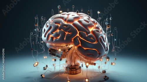 3d render vizualization of glowing bionic artificial intelligence cyborg electronic brain on neutral technology background photo