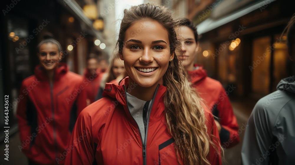 portrait of a woman in red jacket portrait of a woman in red jacket