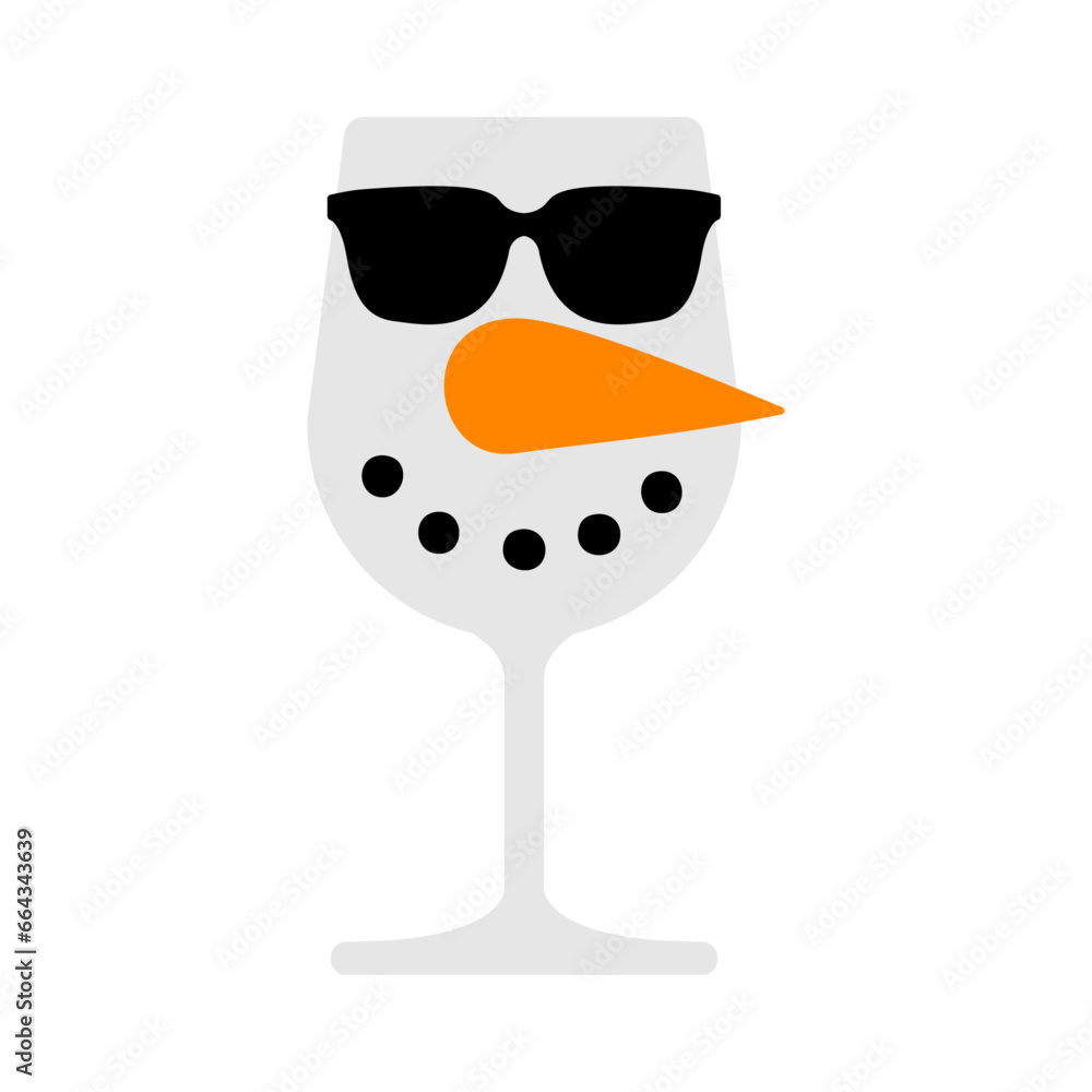 Logo snowman. Silueta de copa de vino o champaña con forma de cabeza de muñeco de nieve con nariz de zanahoria y gafas de sol para su uso en invitaciones y felicitaciones de Navidad