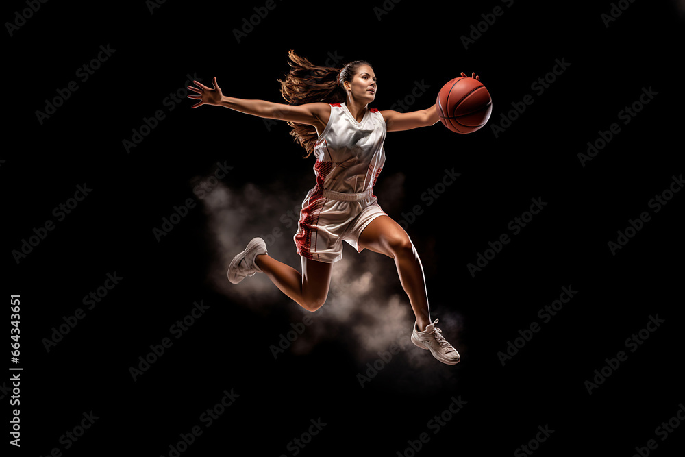 A red-uniformed basketball girl soars in the air, playing basketball amidst smoke and colorful spotlights against a dark backdrop. Generative AI.
