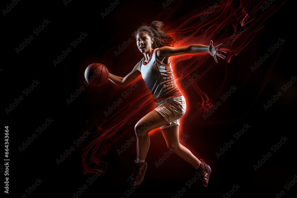 A red-uniformed basketball girl soars in the air, playing basketball amidst smoke and colorful spotlights against a dark backdrop. Generative AI.