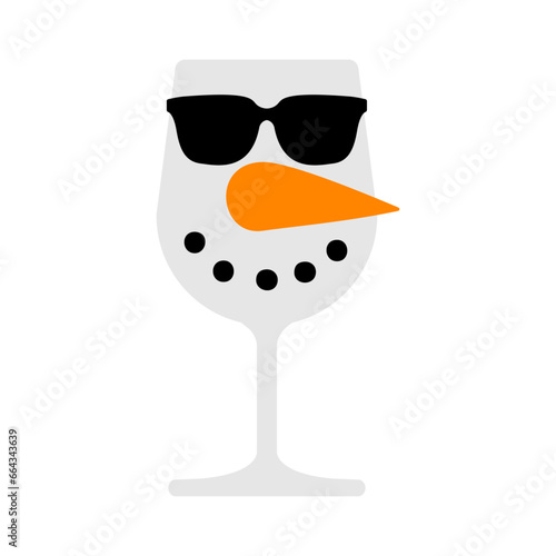 Logo snowman. Silueta de copa de vino o champaña con forma de cabeza de muñeco de nieve con nariz de zanahoria y gafas de sol para su uso en invitaciones y felicitaciones de Navidad