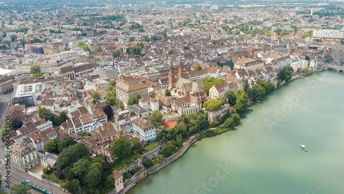 Basel  Switzerland. Basel Cathedral. Basel is a city on the Rhine River in northwestern Switzerland  near the borders with France and Germany  Aerial View