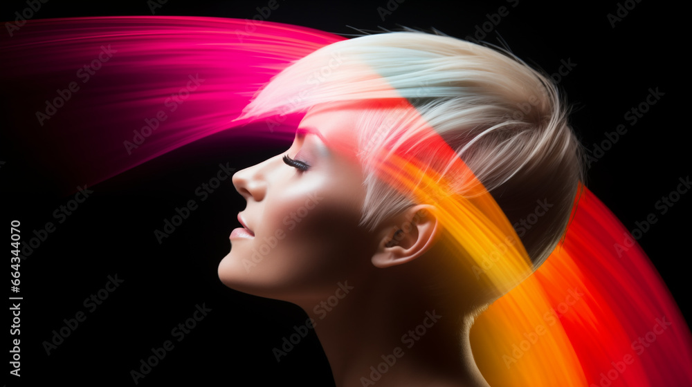 side shot of a woman with a short haircut on a black background, obstrakt dispersive glow around it side shot of a woman with a short haircut on a black background, obstrakt dispersive glow around it