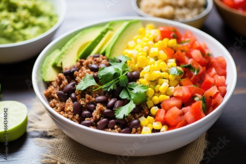 hearty quinoa bowl with added black beans, corn and salsa