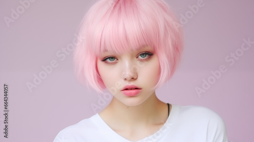 Photo of a beautiful blue-eyed girl with pink hair on a pink background