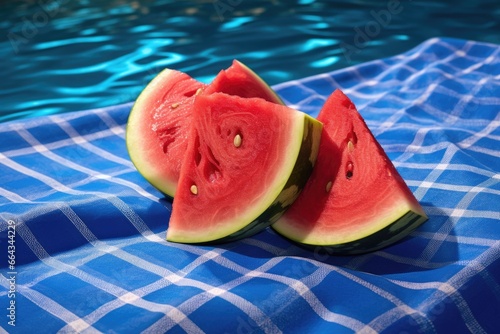 watermelon pieces on a blue picnic blanket near the pool