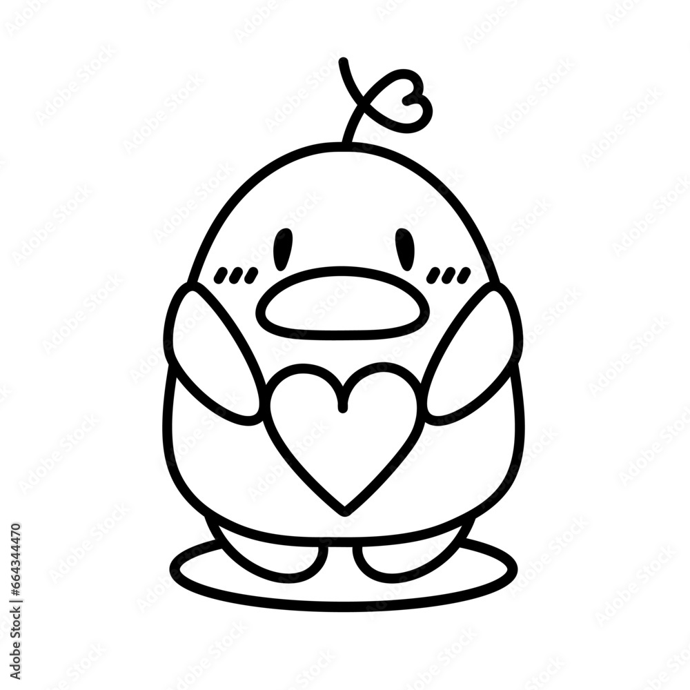 Cute duck hold heart on white background. Animal character outline design. Isolated. Image for card, poster, sticker. Kawaii. Vector Illustration in doodle style. Valentine card Cute duck hold heart on white background. Animal character outline design. Isolated. Image for card, poster, sticker. Kawaii. Vector Illustration in doodle style. Valentine card