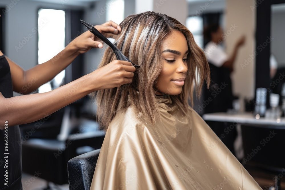 Fototapeta premium Female hairdresser stylish doing hair dyeing to long hair customer in the hair salon.